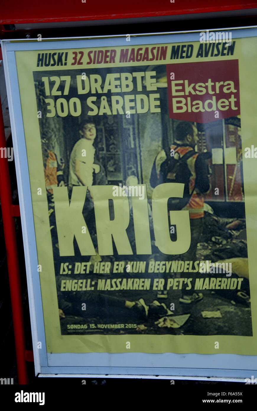 Copenhagen/Denmark/ _ 15th November 2015 _Danish newspaper front pages coverage of Terrorit ttacked in Paris France (Photo by Francis Joseph Dean/Deanpictures) Stock Photo