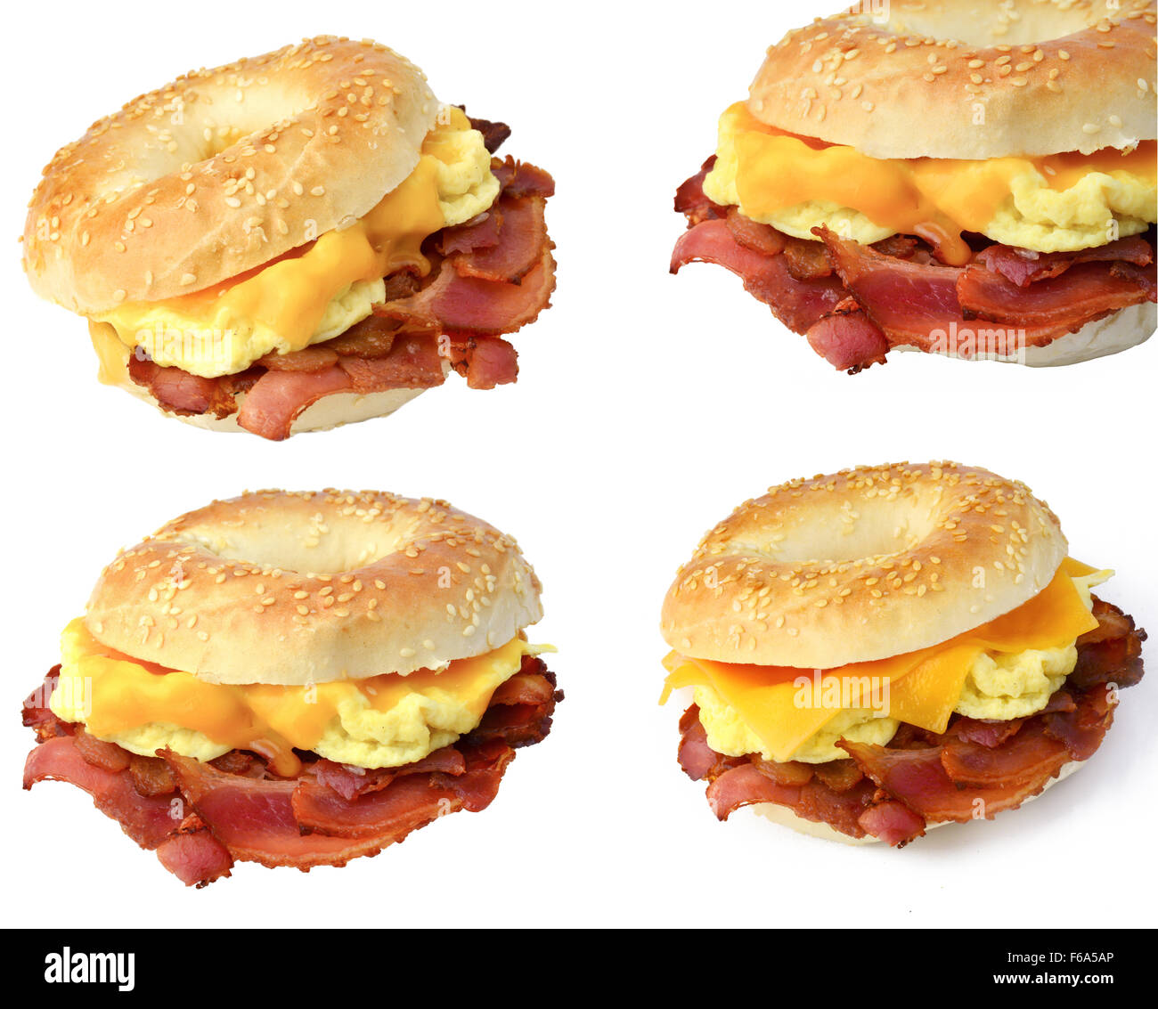 Breakfast bagel sandwiches with bacon, scrambled eggs and cheese on white background Stock Photo