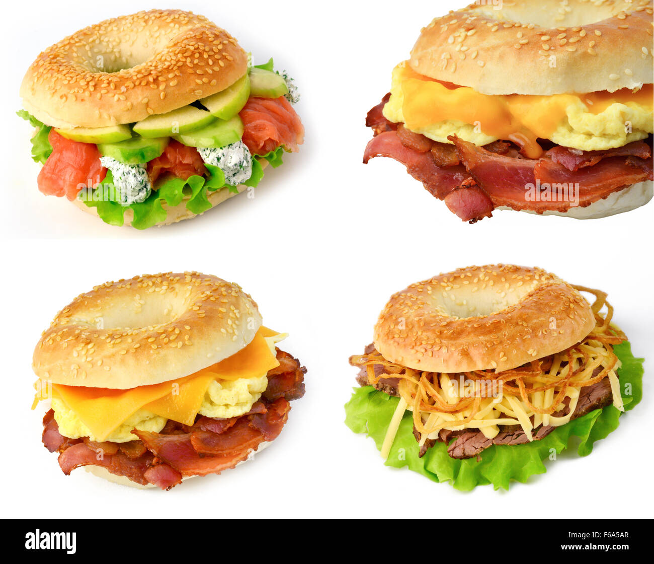 Collage of breakfast bagel sandwiches on white background Stock Photo