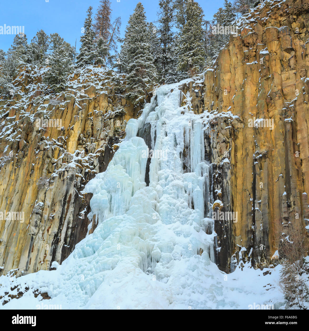 frozen palisade falls in the hyalite creek basin near bozeman, montana