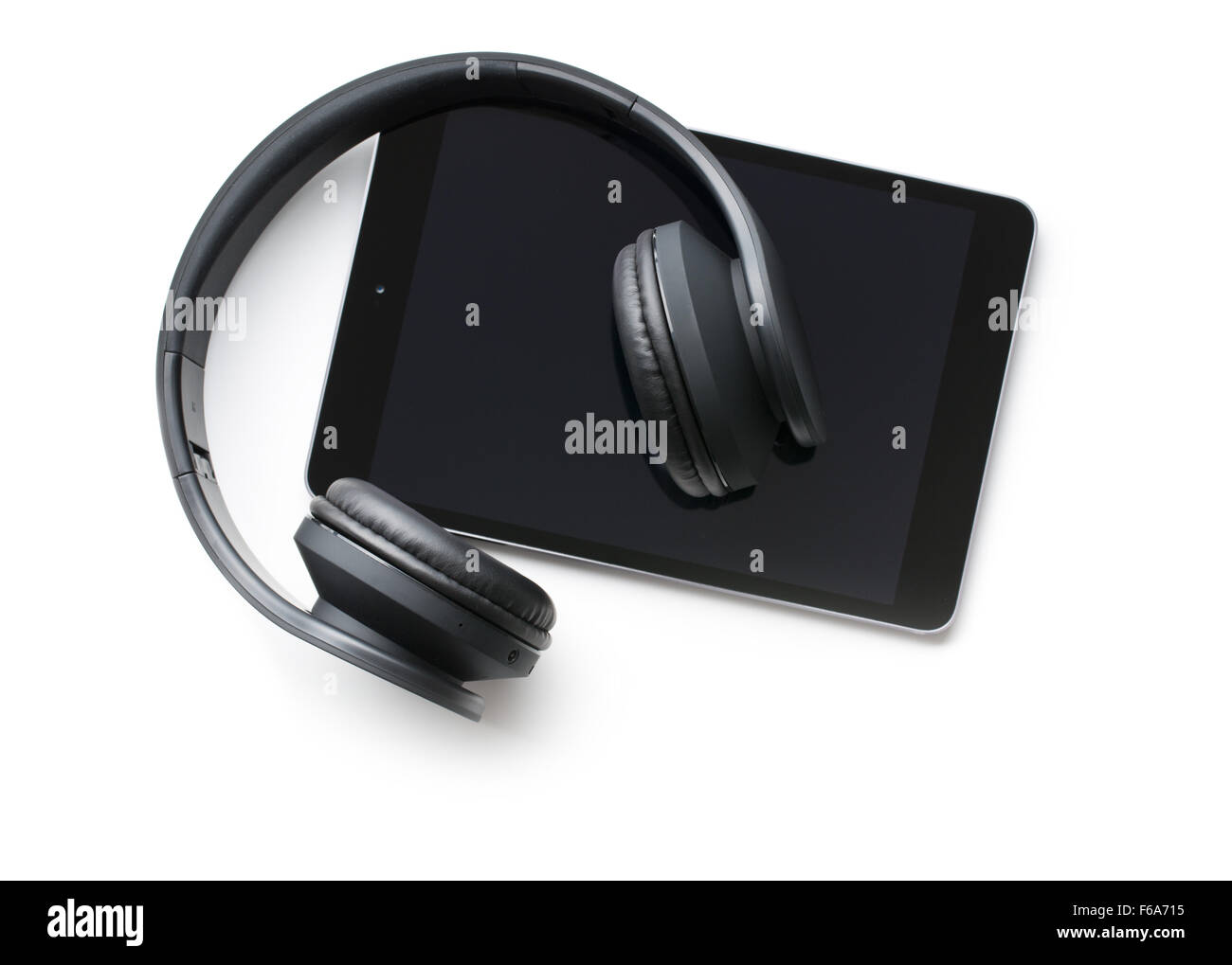 wireless headphones and computer tablet on white background Stock Photo