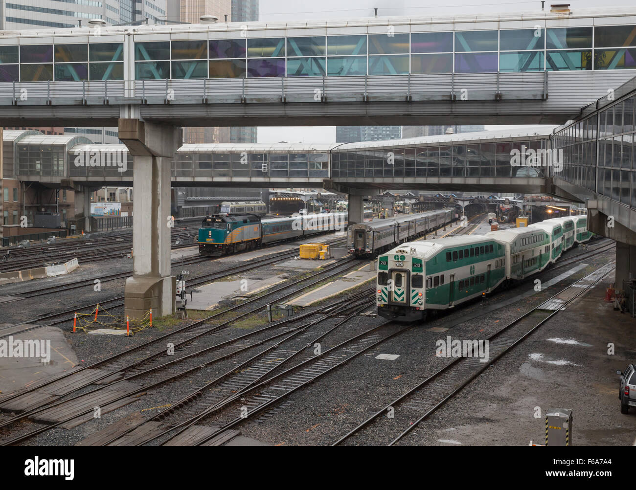 Toronto Union Station tracks with a VIA Rail and a Go