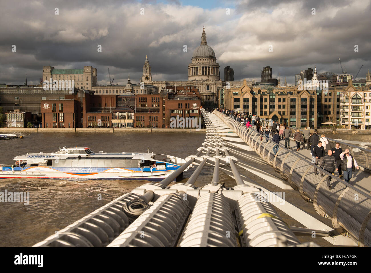 An unusual viewpoint of the Millennium footbridge over the River Thames, London, UK Stock Photo
