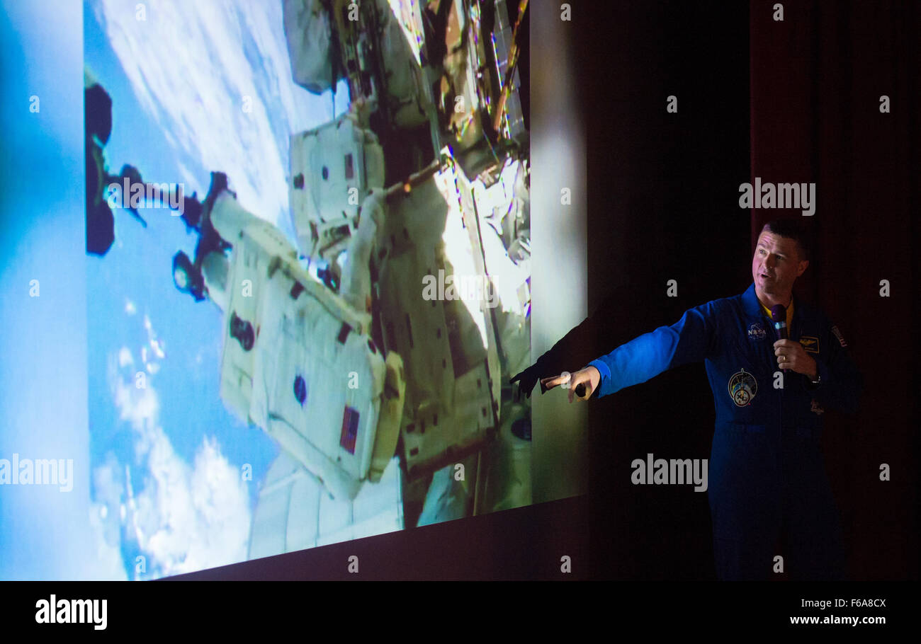NASA astronaut Reid Wiseman discusses his experience conducting a spacewalk outside the International Space Station during a presentation at the Maryland Science Center in Baltimore, Maryland. Stock Photo