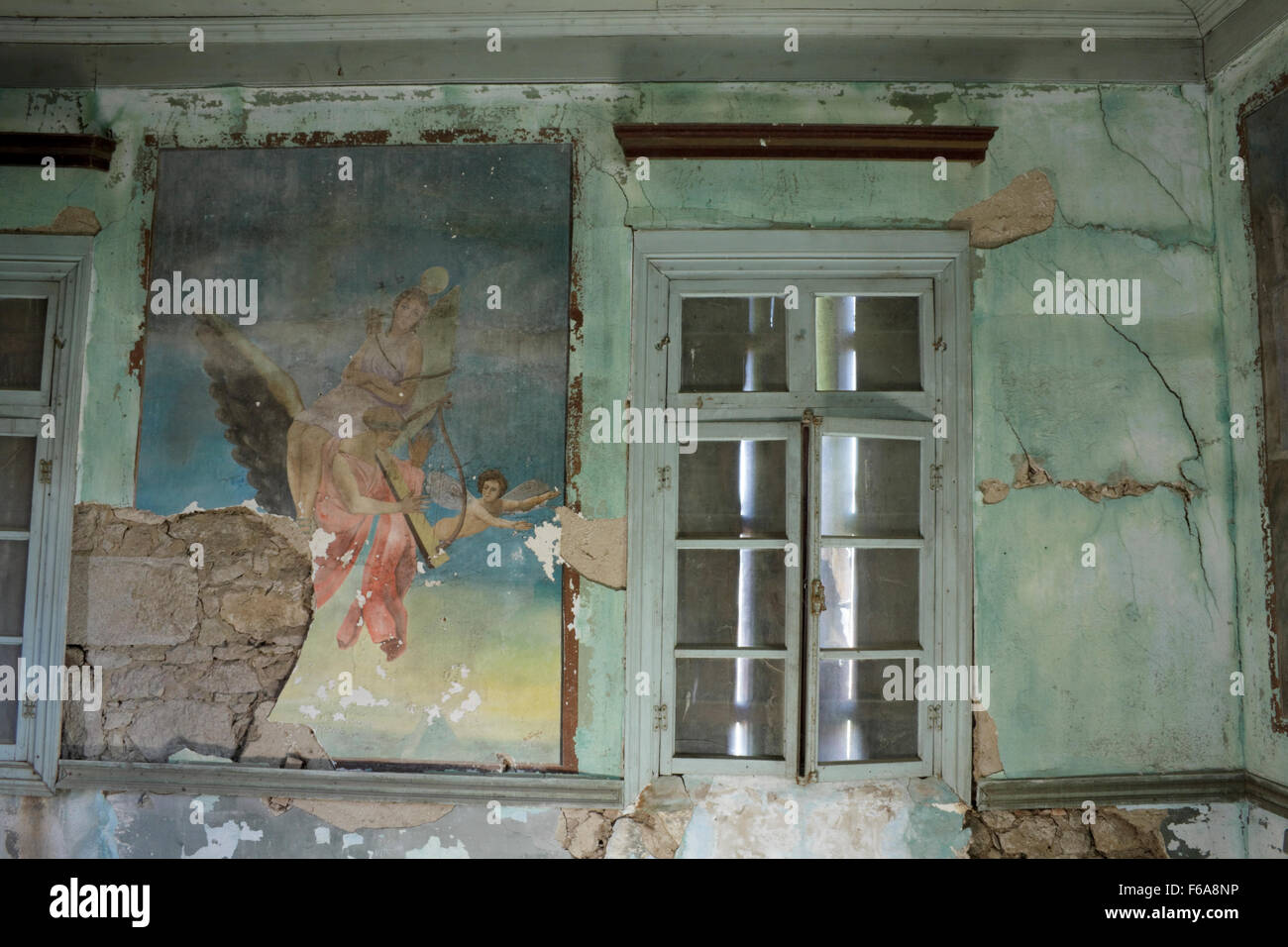Wide view of the room side with the detached portion from M.Pamamali's sooty wallpainting entitled 'Artemis'. Kontias, Lemnos Stock Photo