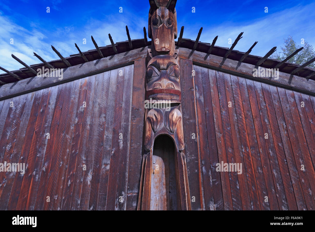 Totem pole at Ksan Historical Village and Museum, Hazelton, British Columbia Stock Photo