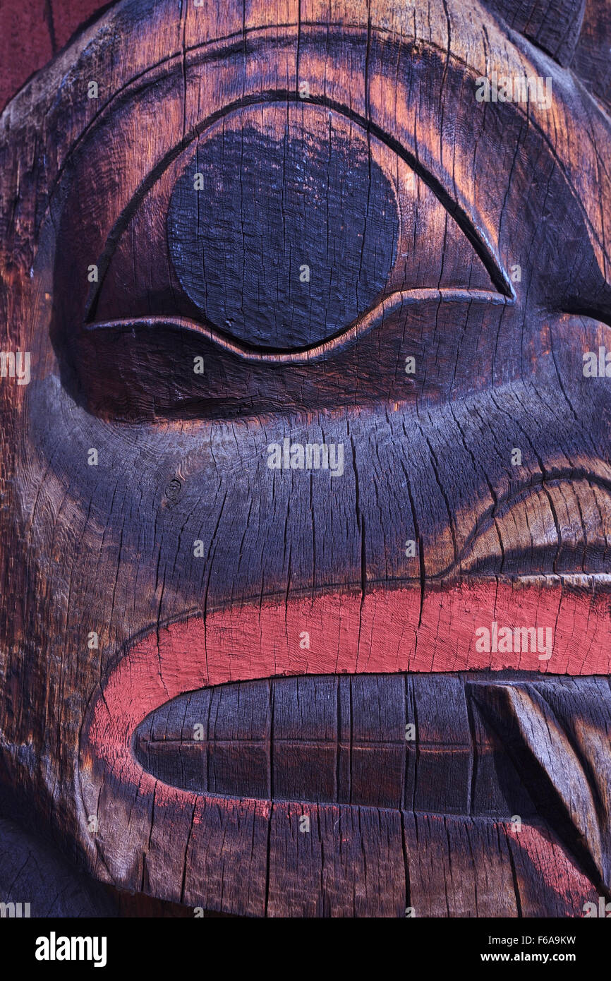 Close up of totem pole at Ksan Historical Village and Museum, Hazelton, British Columbia Stock Photo
