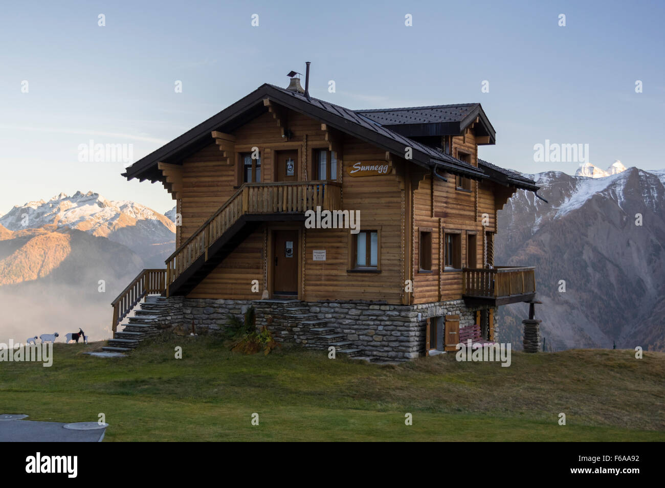 Chalet in Bettmeralp, Valais, shortly before sunset. Stock Photo