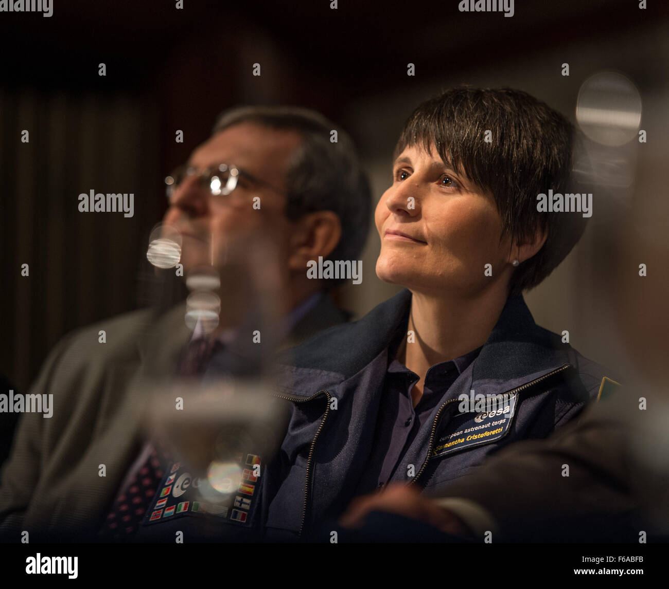 ESA astronaut Samantha Cristoforetti joins astronauts Terry Virts, Mark Kelly, and Scott Kelly for a discussion at the National Press Club, marking Scott Kelly’s halfway point in his one-year mission aboard the International Space Station. Stock Photo