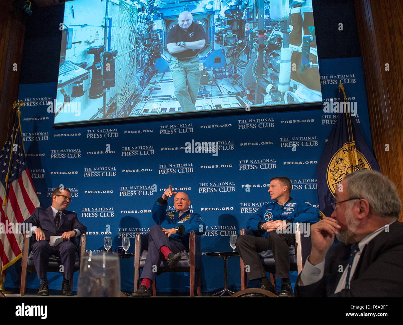 Astronaut Scott Kelly participates in a live discussion from the International Space Station with his twin brother, retired astronaut Mark Kelly, and astronaut Terry Virts, marking halfway through his one-year mission in space. Stock Photo