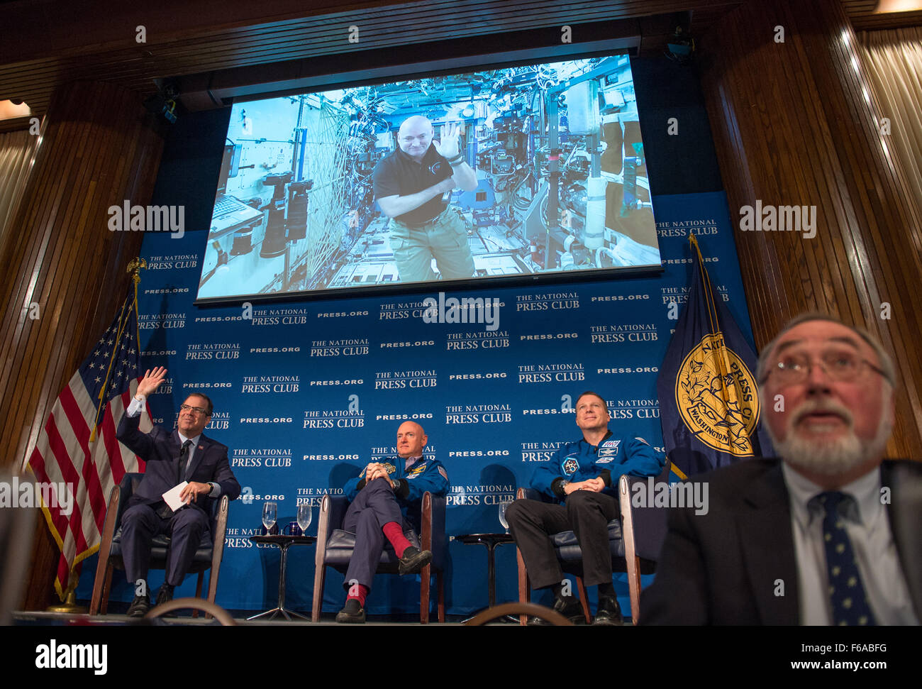 Astronaut Scott Kelly discusses his year-long mission aboard the International Space Station with his twin brother, retired astronaut Mark Kelly, and fellow astronaut Terry Virts at the National Press Club. Stock Photo