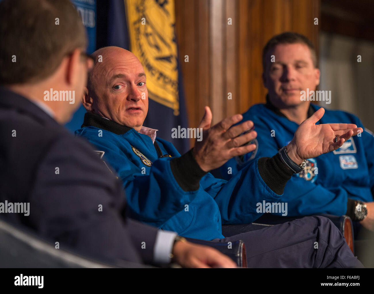 Retired astronaut Mark Kelly participated in a discussion at the National Press Club in Washington on September 14, 2015, alongside fellow astronaut Terry Virts. The conversation focused on space exploration, with a special mention of Mark's twin brother, Scott Kelly, who was approaching the halfway point of his year-long mission aboard the ISS. Stock Photo