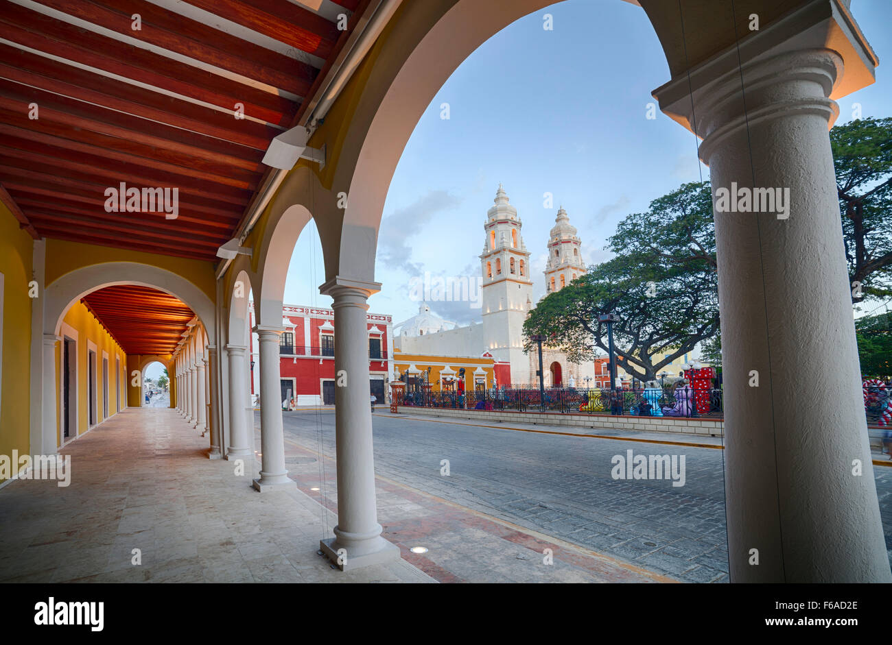 Plaza and cathedral of Campeche, Mexico as seen from the portales. Stock Photo