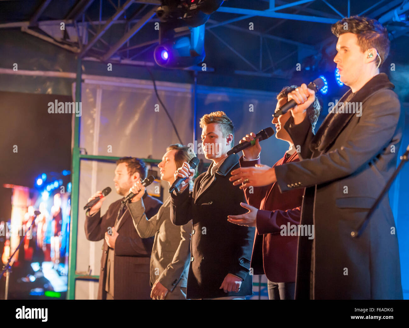 Carlisle, UK. 15th Nov, 2015. Collabro switch on Carlisle Christmas Lights. The boys appeared in Matthew Pagan's home town of Carlisle, Cumbria to perform for the crowd and turn on the lights. Matthew Pagan (centre) performs: 15 November 2015  Credit:  STUART WALKER/Alamy Live News Stock Photo