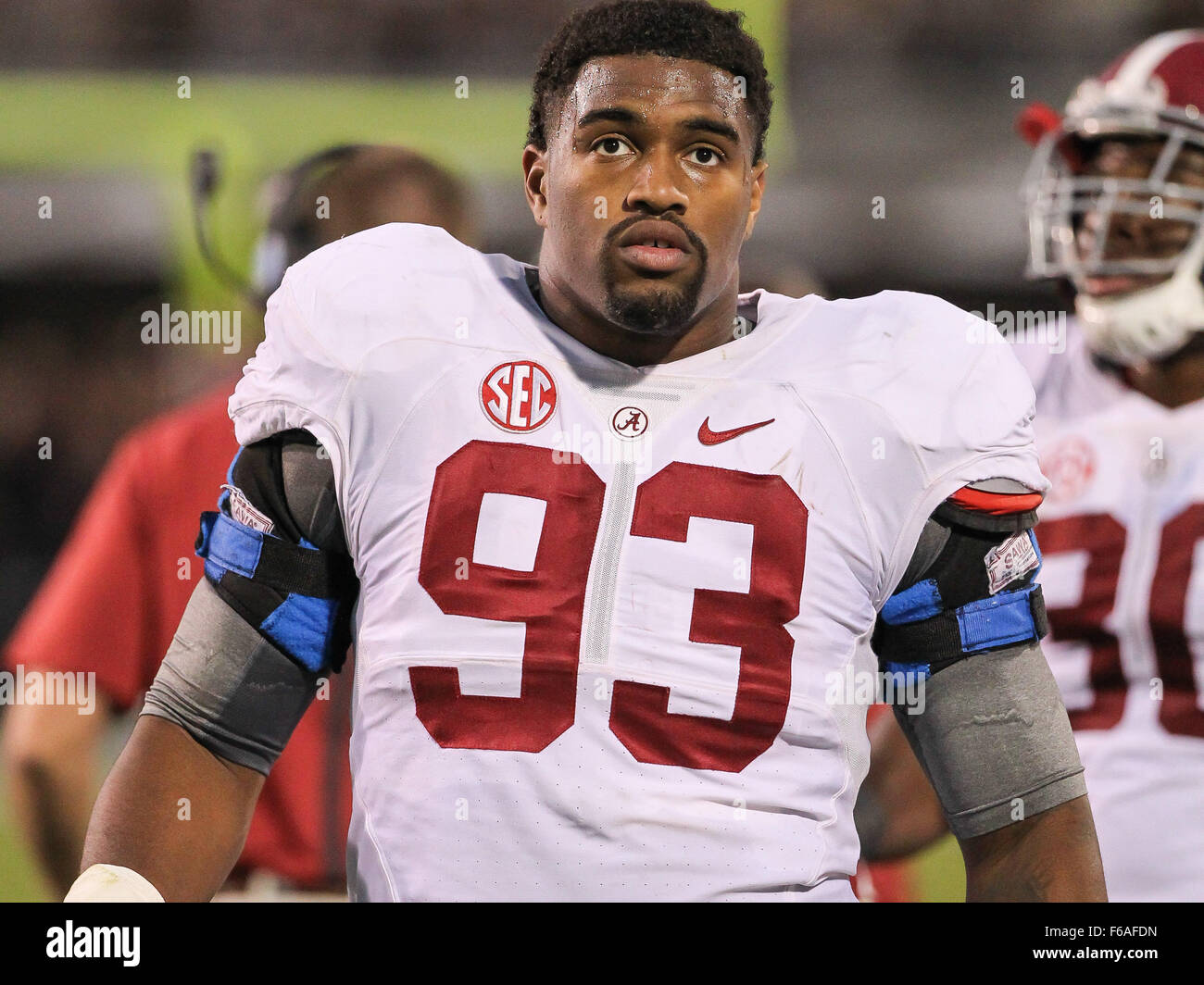 Starkville, MS, USA. 14th Nov, 2015. Alabama Crimson Tide defensive lineman Jonathan Allen (93) during the NCAA Football game between the Mississippi State Bulldogs and the Alabama Crimson Tide at Davis Wade Stadium in Starkville, MS. Chuck Lick/CSM/Alamy Live News Stock Photo