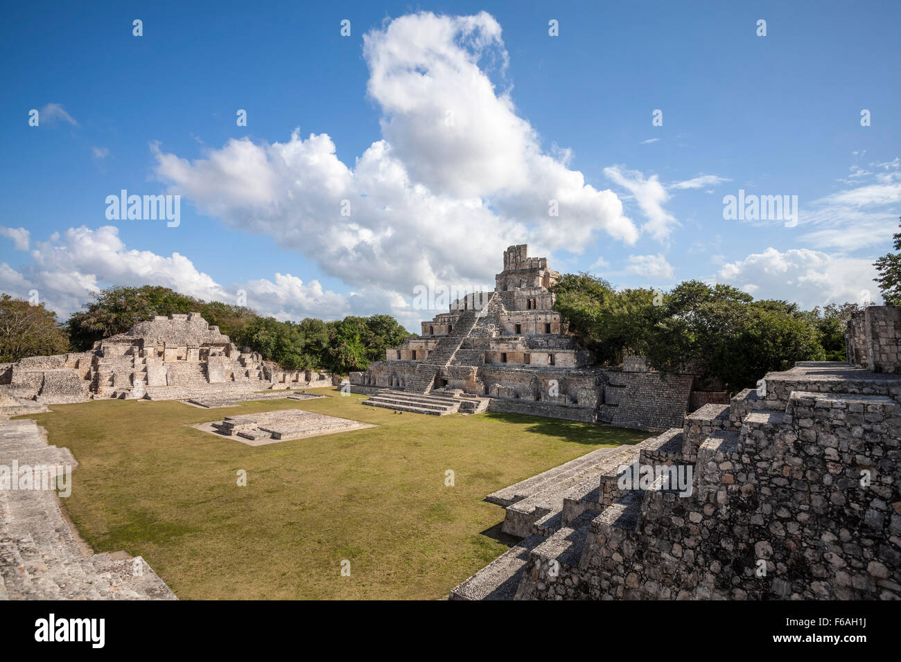 The Five Story Pyramid and main plaza of the Mayan ruins of Edzna, Campeche, Mexico. Stock Photo