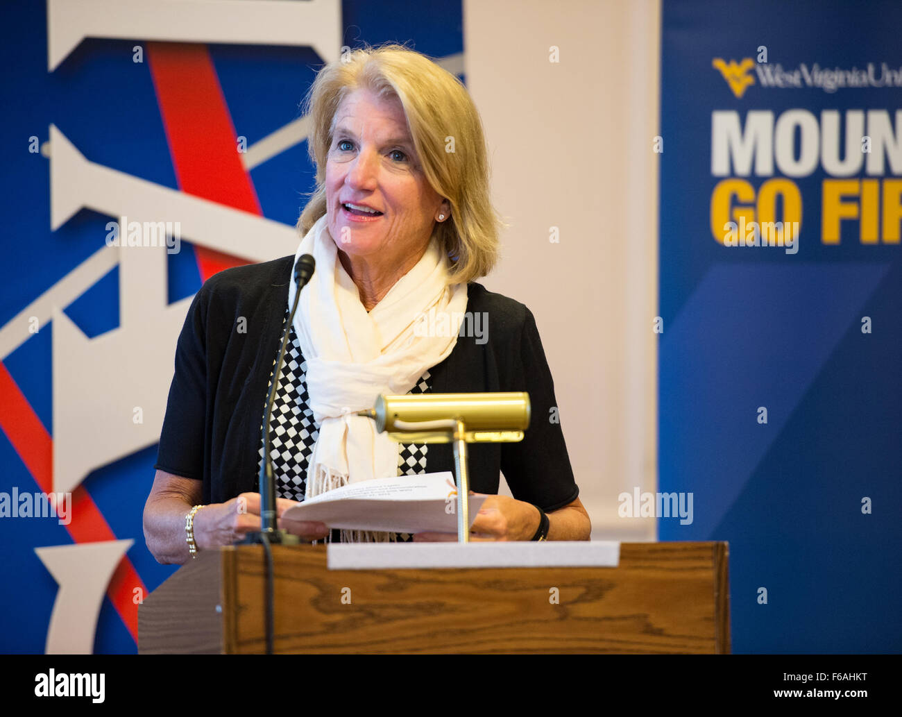 Senator Shelley Moore Capito (R-W.Va.)  speaks at an event to honor the winners of the 2015 Sample Return Robot Challenge, the Mountaineers team, on Monday, Sept. 21, 2015 at the Russell Senate Office Building in Washington, DC. The Mountaineers were awarded $100,000 in prize money for successfully completing Level 2 of the Sample Return Robot Challenge at Worcester Polytechnic Institute in Massachusetts June 10-12. Photo Credit: (NASA/Aubrey Gemignani). Stock Photo