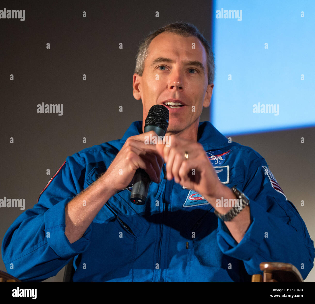 NASA Astronaut Drew Feustel participates in a question and answer session about NASA’s journey to Mars and the film ”The Martian,” Tuesday, Aug. 18, 2015, at the United Artist Theater in La Cañada Flintridge, California. NASA scientists and engineers served as technical consultants on the film. The movie portrays a realistic view of the climate and topography of Mars, based on NASA data, and some of the challenges NASA faces as we prepare for human exploration of the Red Planet in the 2030s. Photo Credit: (NASA/Bill Ingalls) Stock Photo