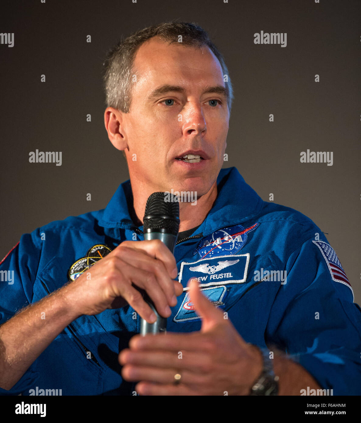 NASA Astronaut Drew Feustel participates in a question and answer session about NASA’s journey to Mars and the film ”The Martian,” Tuesday, Aug. 18, 2015, at the United Artist Theater in La Cañada Flintridge, California. NASA scientists and engineers served as technical consultants on the film. The movie portrays a realistic view of the climate and topography of Mars, based on NASA data, and some of the challenges NASA faces as we prepare for human exploration of the Red Planet in the 2030s. Photo Credit: (NASA/Bill Ingalls) Stock Photo