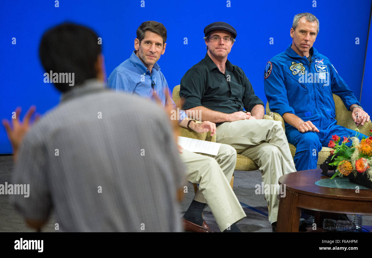 Project Manager for the Mars Exploration Rover mission at Jet Propulsion Laboratory (JPL) John Callas, left, Author of “The Martian” Andy Weir, and NASA Astronaut Drew Feustel, participate in JPL employee panel discussion about NASA’s journey to Mars and the film, Tuesday, Aug. 18, 2015, at JPL in Pasadena, California. NASA scientists and engineers served as technical consultants on the film. The movie portrays a realistic view of the climate and topography of Mars, based on NASA data, and some of the challenges NASA faces as we prepare for human exploration of the Red Planet in the 2030s. Pho Stock Photo