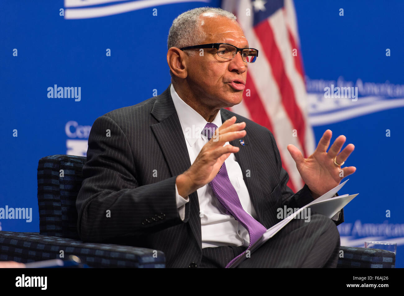 NASA Administrator Charles Bolden answers a question from the audience after providing a keynote address at the Human Space Exploration: The Next Steps event on Wednesday, Oct. 28, 2015 at The Center for American Progress in Washington DC. Administrator Bolden spoke about the future of human exploration in the context of NASA’s Journey to Mars. Photo Credit: (NASA/Aubrey Gemignani) Stock Photo