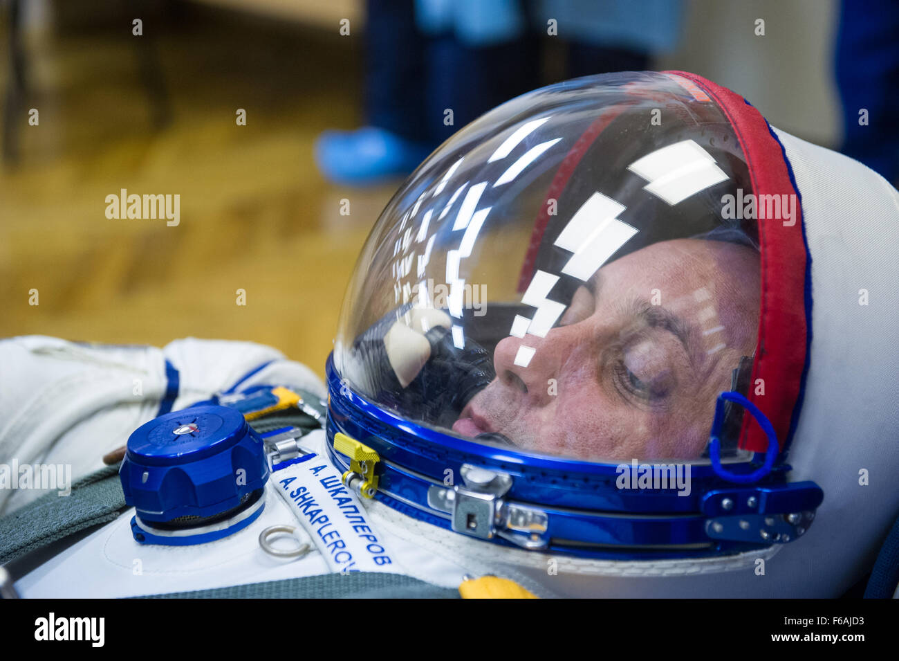 NASA astronaut Andrey Shelepin and cosmonaut Anton Shkaplerov prepare for their space mission aboard Soyuz TMA-15M at Baikonur Cosmodrome, undergoing a pressure check for flight readiness. Stock Photo