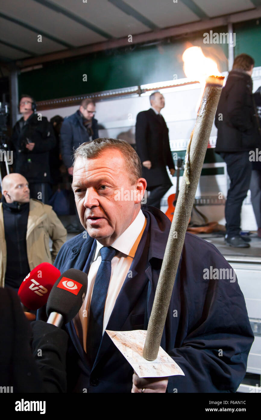 Copenhagen, Denmark. 15th November, 2015. Danish PM, Lars Loekke Rasmussen, speaks to the media during the Copenhagen sympathy rally with the victims of Friday’s Paris terror attacks. Credit: OJPHOTOS/Alamy Live News Stock Photo