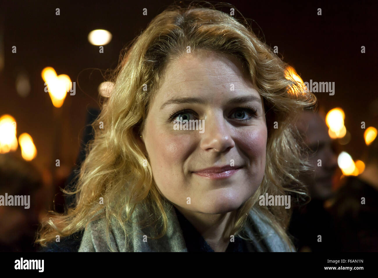 Copenhagen, Denmark. 15th November, 2015. Johanne Schmidt Nielsen, MP and leader ofthe Red Green Alliance (Enhedslisten), participates in the Copenhagen sympathy rally with the victims of Friday’s Paris terror attacks. Credit:  OJPHOTOS/Alamy Live News Stock Photo