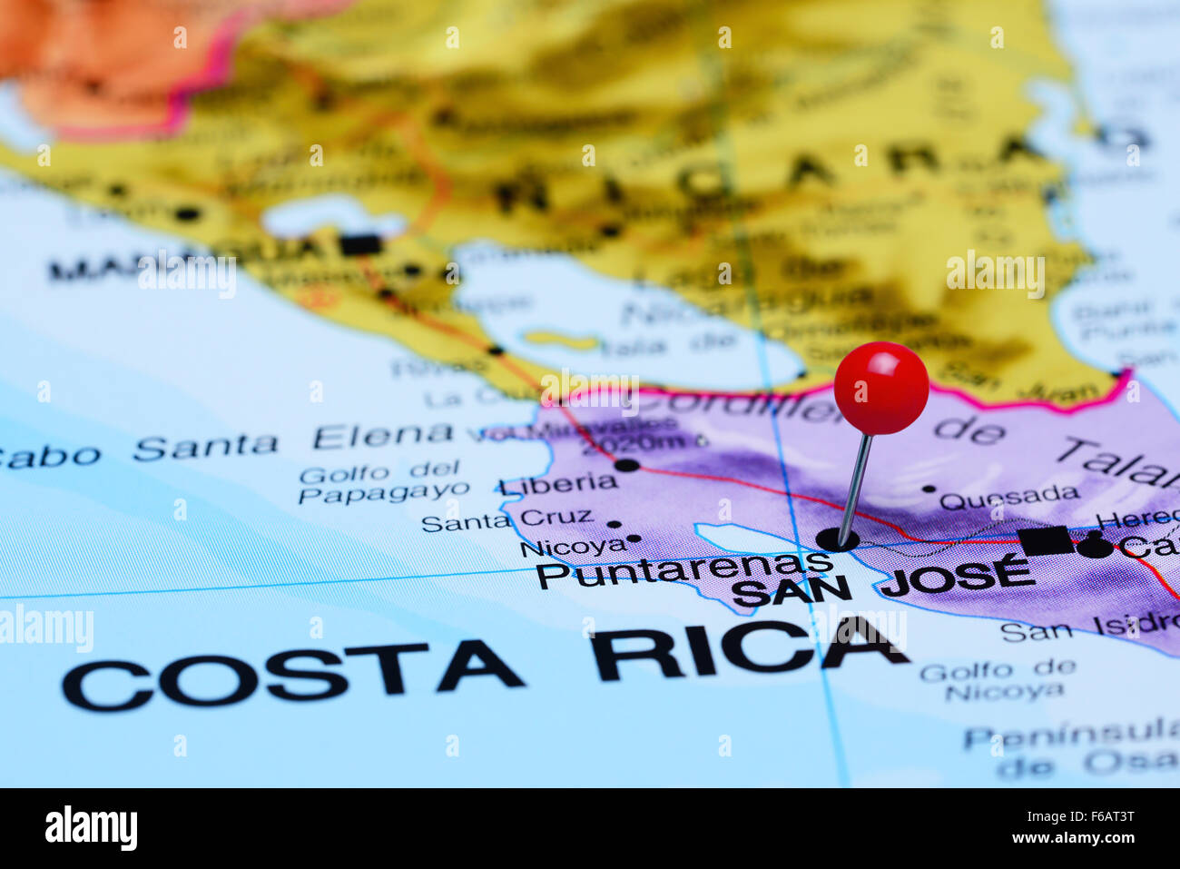 Puntarenas pinned on a map of America Stock Photo