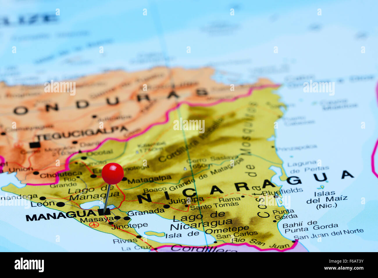Managua pinned on a map of America Stock Photo