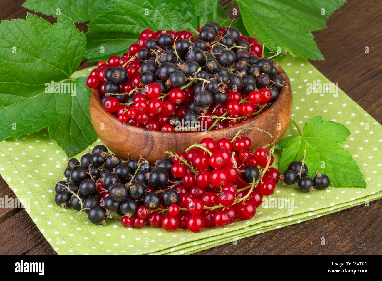 red and black currant berries in wooden bowl Stock Photo