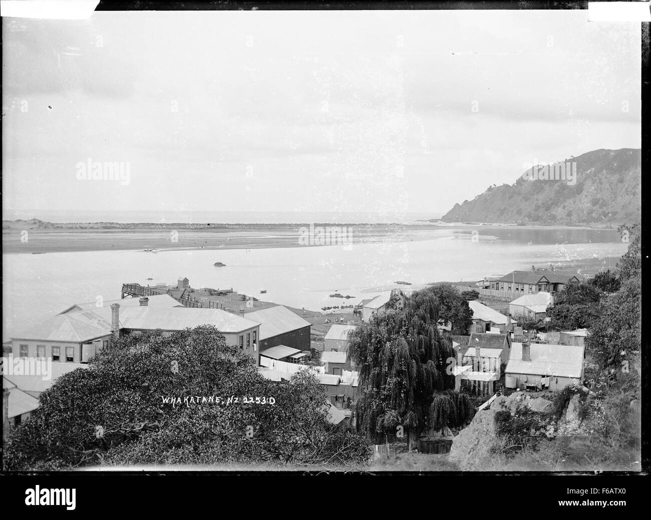View of Whakatane towards the mouth of the Whakatane River Stock Photo