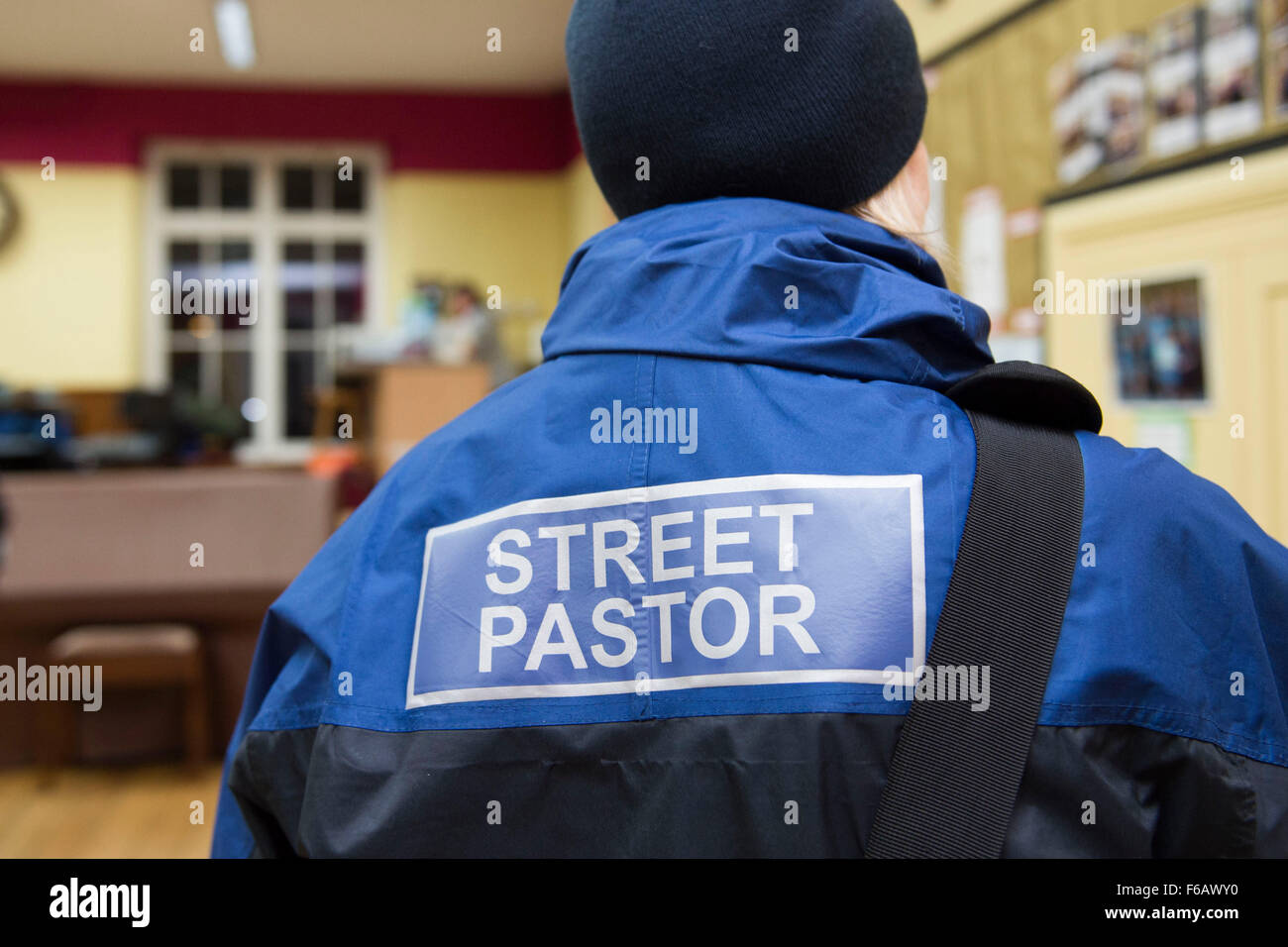 A street pastor in Cardiff, South Wales. Stock Photo