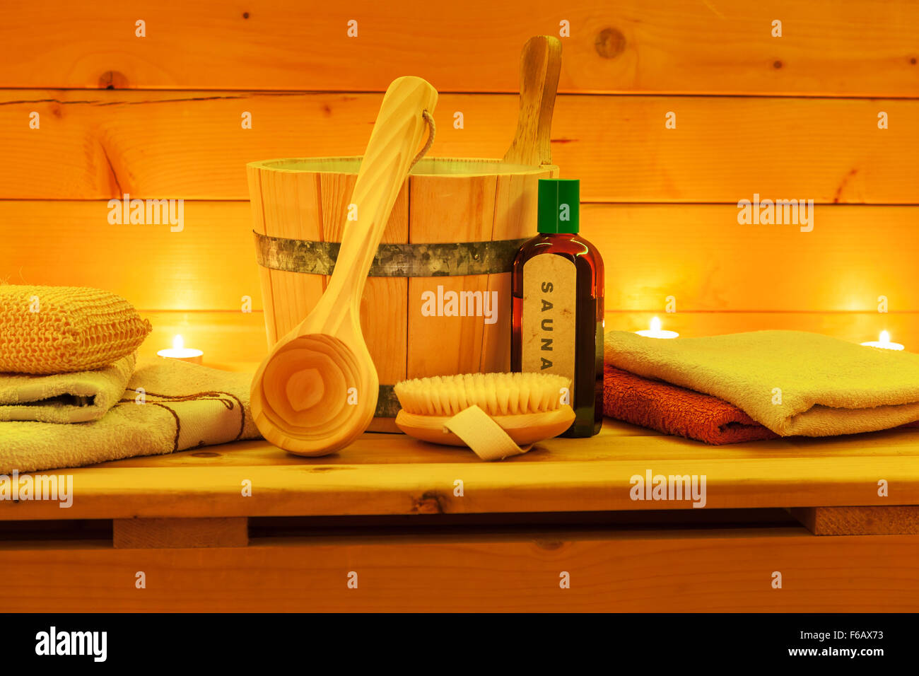 Interior of Sauna with Sauna Accessories Stock Photo