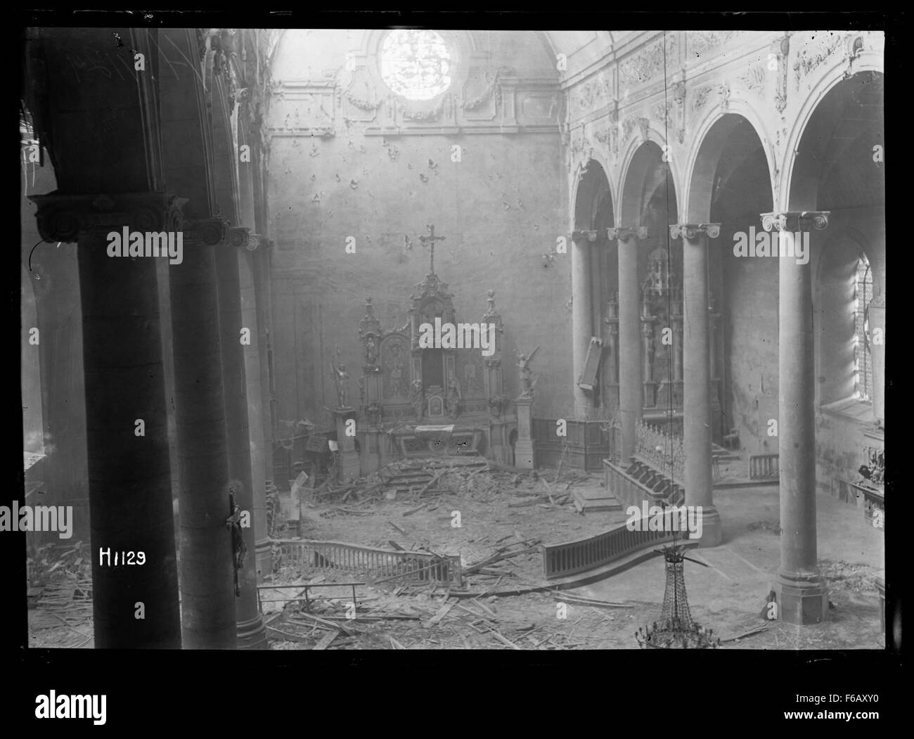 Interior of a damaged church in Solesmes, France, World War Stock Photo
