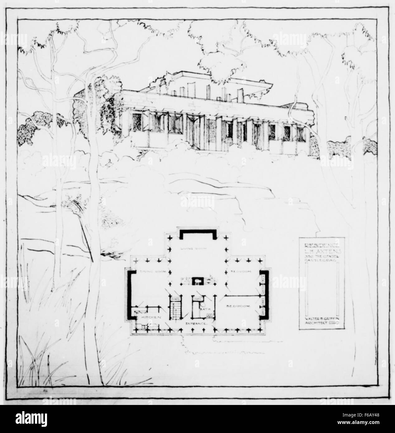 Residence of L. H. Axtens, Lot 336, The Citadel, Castlecrag, New South Wales, [2] Walter Burley Griffin Residence of L H Axtens, Lot 336, The Citadel, Castlecrag, Stock Photo