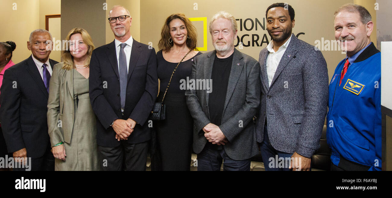 From left: NASA Administrator Charles Bolden, Ellen Stofan, NASA Chief Scientist, James Shreeve, executive editor for science at National Geographic, Giania Facio, wife of Ridley Scott, Ridley Scott, director of "The Martian," actor Chiwetel Ejiofor, and John Grunsfeld, associate administrator for NASA's Science Mission Directorate and former astronaut pose for a picture prior to a discussion about NASA's journey to Mars and the film "The Martian," Tuesday, Sept. 29, 2015, in Grosvenor Auditorium at the National Geographic Society Headquarters in Washington.  NASA scientists and engineers serv Stock Photo
