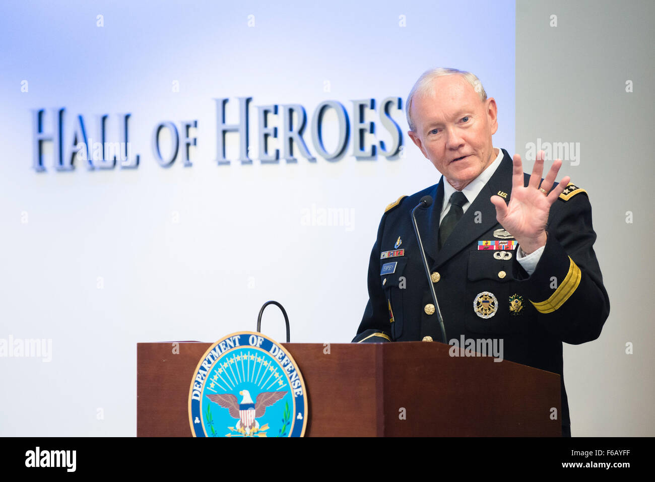 Eighteenth Chairman of the Joint Chiefs of Staff Gen. Martin E. Dempsey speaks during the 16th Annual Newman's Own Awards, hosted in the Pentagon's Hall of Heroes, Sept. 2, 2015. During the ceremony, awards totaling $200,000 were presented to six military nonprofit organizations for their innovative programs to improve military quality of life. (DoD photo by Army Staff Sgt. Sean K. Harp/Released) Stock Photo