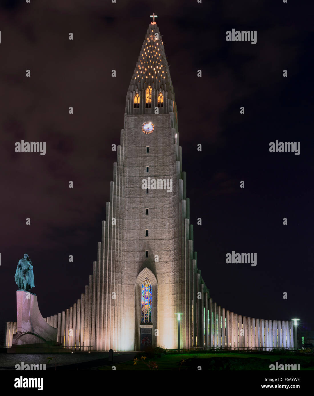 View of the Iconic Hallgrimskirkja Church at night, located in the centre of Reykjavik, Iceland Stock Photo