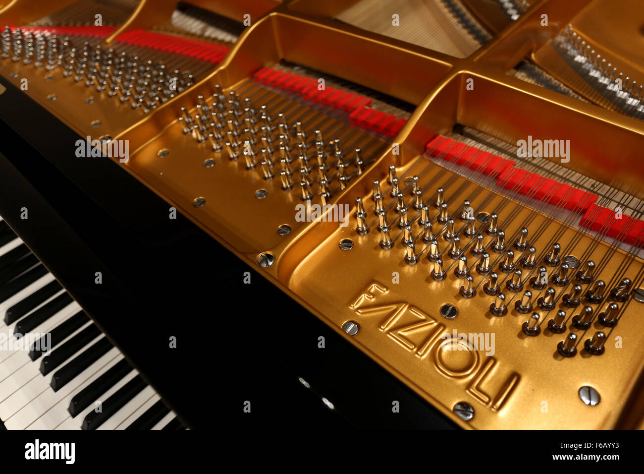 Close up photograph of an expensive limited edition Fazioli piano, made in Sacile, Italy. Stock Photo