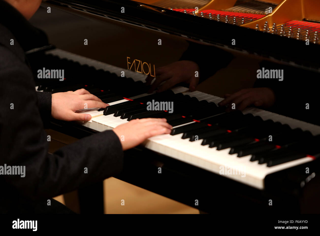 Close up photograph of an expensive limited edition Fazioli piano, made