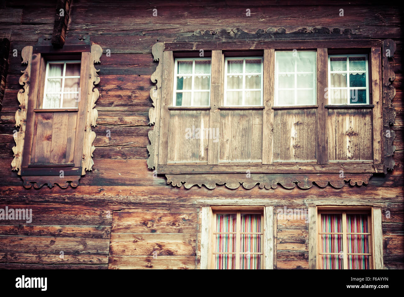 wooden houses in Fiesch - Switzerland Stock Photo