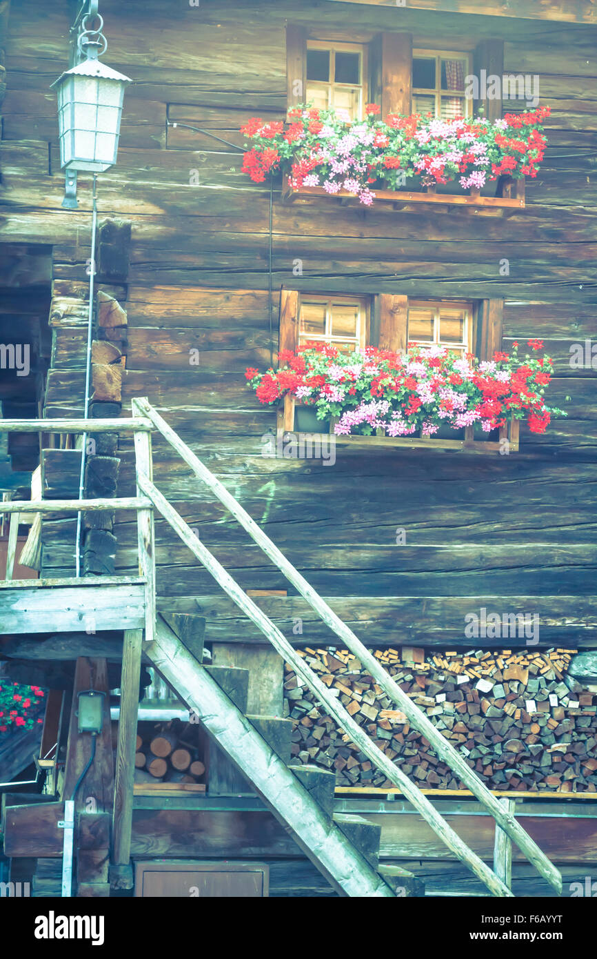 wooden houses in Fiesch - Switzerland Stock Photo