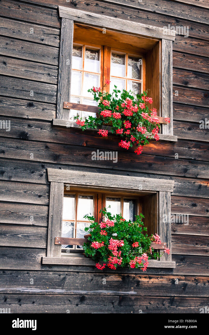 wooden houses in Fiesch - Switzerland Stock Photo
