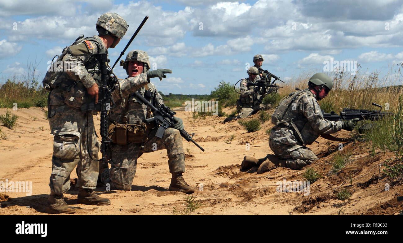 Sgt. Gregory Padilla, team leader assigned to C-Troop, 1st Battalion, 126th Cavalry Regiment, shouts out a status report to his platoon leader, 2nd Lt. Randy Jozwiak, also assigned to 1-126 Cavalry during a combined live-fire exercise as part of Northern Strike 2015, July 21, 2015. NS15 is mass training exercise hosted annually on CGJMTC and evaluates joint air-to-ground capability of participating units from across the country as well as partnering nations. (U.S. Army photo by Sgt. Seth LaCount, 126th Press Camp, Michigan Army National Guard) Stock Photo