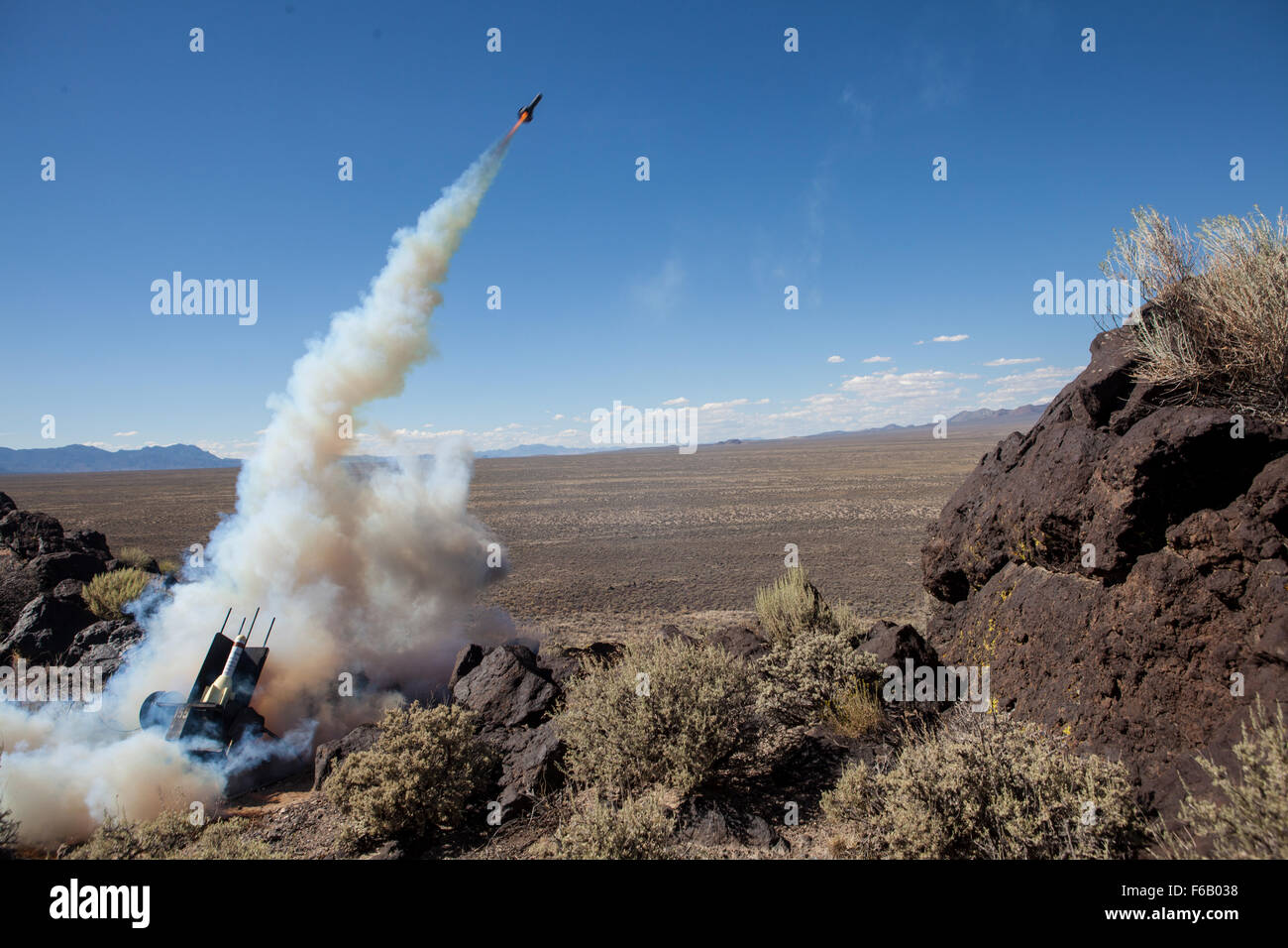 U.S. Marines assigned to 2d Low Altitude Air Defense Battalion fire simulated surface to air missiles in support of Red Flag at Tonopah Test Range, Nev., July 23, 2015. Red Flag is an advanced aerial combat exercise to train U.S., NATO and other allied countries for air combat situations. (U.S. Marine Corps photo by Cpl. Derek L. Picklesimer/Released) Stock Photo