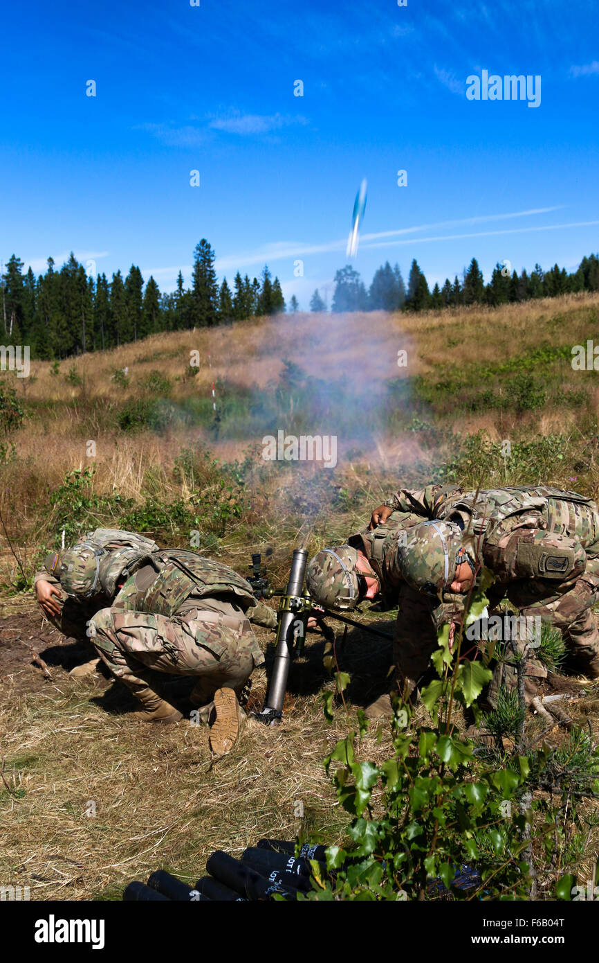 Mortar men with Headquarters and Headquarters Company, 1st Battalion, 503rd Infantry Regiment, 173rd Airborne Brigade, assist an ally from 1st Brigade Estonian Defense Force as he hangs a mortar into a tube during a mortar live fire exercise, Estonia, Aug. 7. The Soldiers from the Estonian army were able to compare and contrast their methods and procedures for properly executing the firing of a mortar in relation to the American Soldiers' procedures during the combined training opportunity. The event was a part of Operation Atlantic Resolve an ongoing series of training exercises designed to b Stock Photo