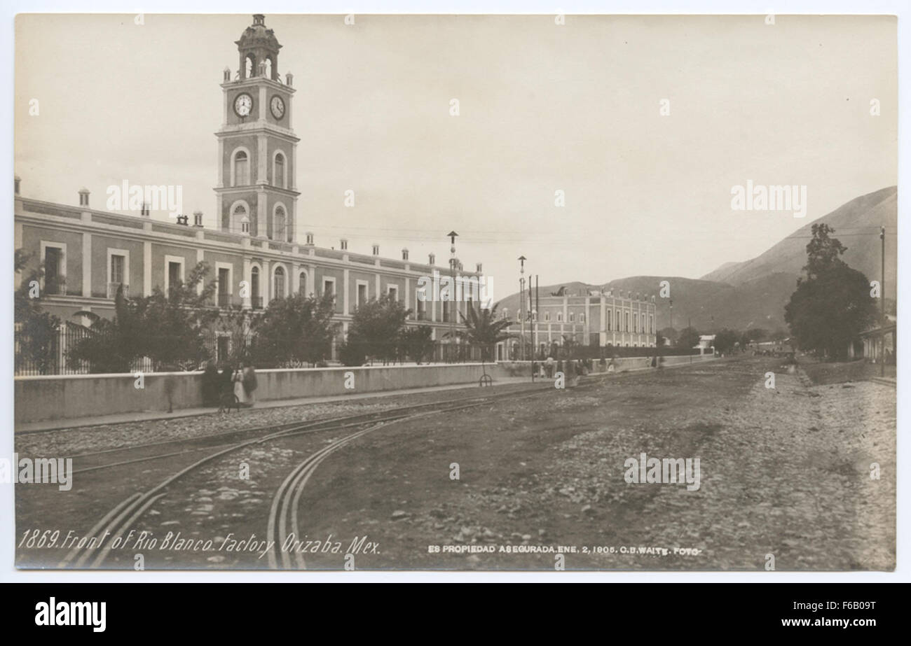 The photograph depicts the front of the Rio Blanco Factory in Orizaba ...