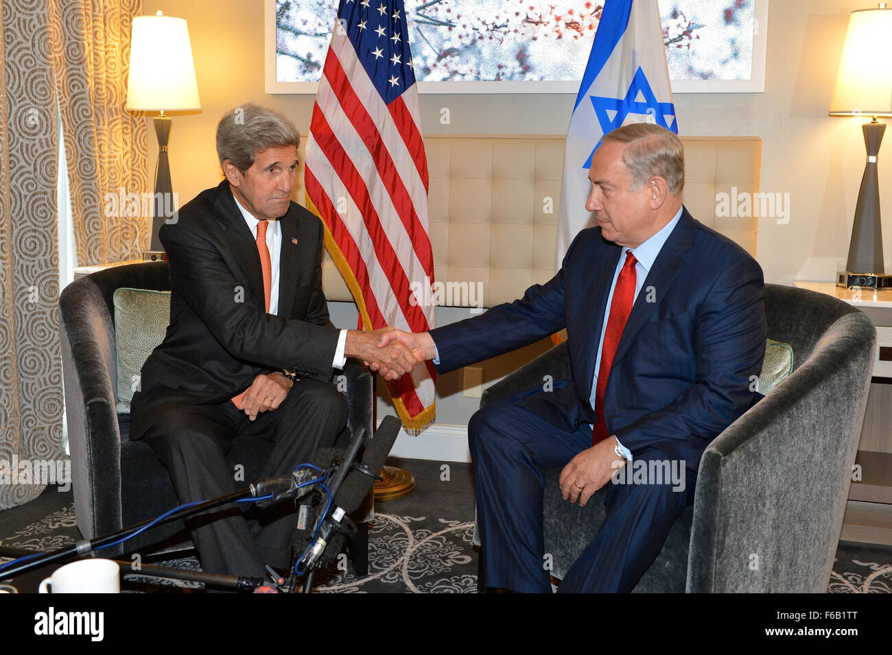 Secretary Kerry Shakes Hands With Israeli Prime Minister Netanyahu Before Their Meeting in New York City Stock Photo