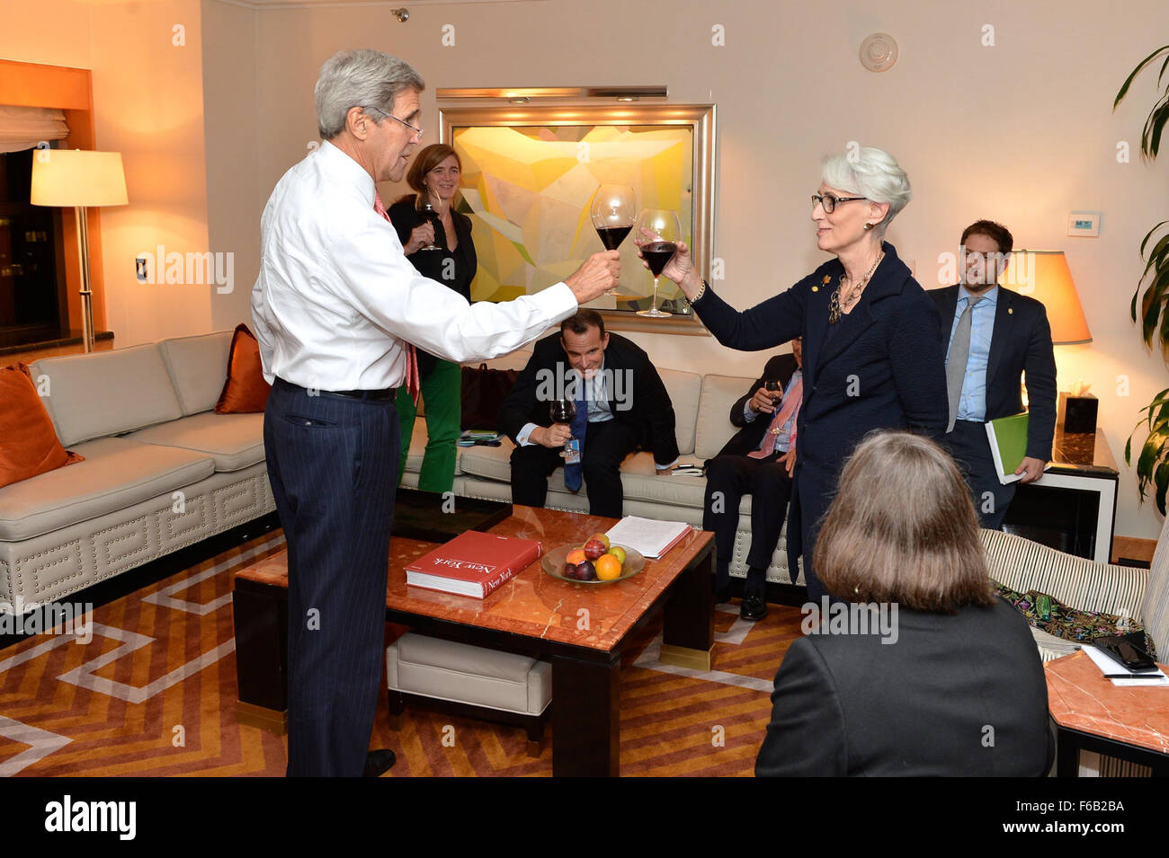 Secretary Kerry Toasts Under Secretary Sherman as She Concludes Her Tenure at the State Department Stock Photo